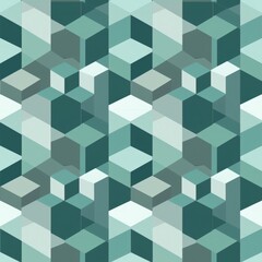 Geometric isometric cubes in a repeating pattern, in shades of teal and grey. seamless