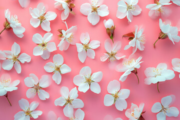 Beautiful white cherry blossom flowers on a soft pink background, arranged in a flat lay style