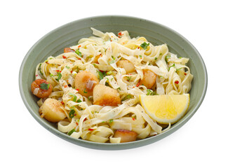 Delicious scallop pasta with spices and lemon in bowl isolated on white