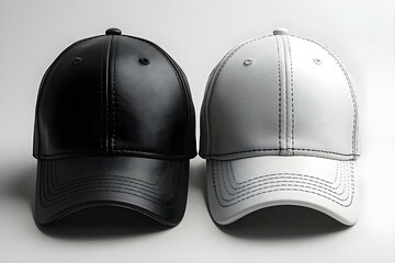 Mockup Templates of White and Black Baseball Caps on a White Background. Concept Mockup Templates, White Baseball Caps, Black Baseball Caps, White Background