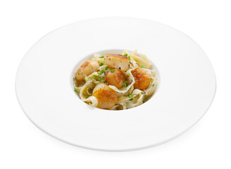 Delicious scallop pasta with spices isolated on white