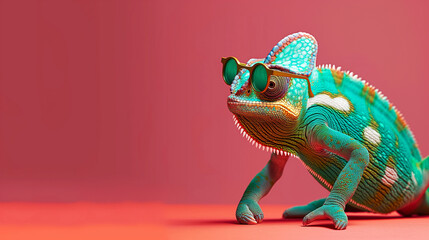 Chameleon wearing sunglasses posing on a red background.