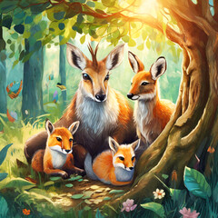 숲 속에서 햇살을 받는 나무 아래에서 사슴가족이 모여 있는 모습