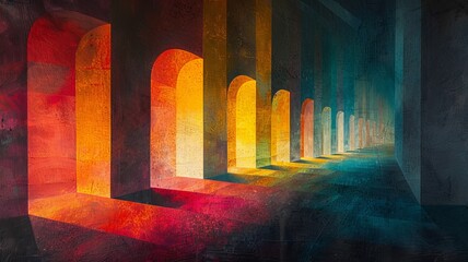 This abstract composition uses shadow and light interplay, crafting an illusion of depth with a palette of bright, lively colors