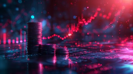 A captivating illustration featuring stacks of coins, a stock market graph, and an upward arrow - obrazy, fototapety, plakaty