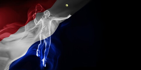 Dynamic image of young woman, tennis payer in motion, hitting all with racket on black background with flag of France element. Professional sport, competition, tournament concept. Banner. Sport event