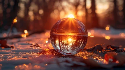 Rolgordijnen A Christmas glass ball reflecting a serene road scene at sunset © MAY