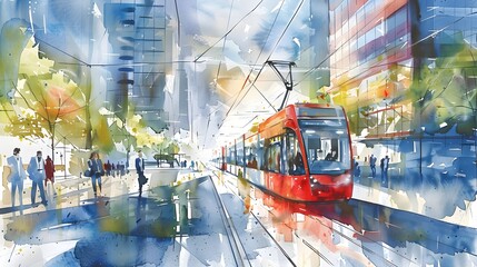Vibrant Watercolor of Bustling Car-Free City Center with Tram Connecting Public Spaces