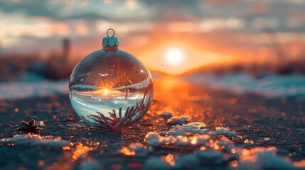 A Christmas glass bauble with a blurred reflection of a road under the sunset