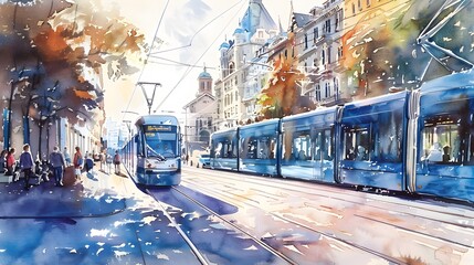 Vibrant Watercolor Cityscape with Bustling Tram Network Connecting Public Spaces - obrazy, fototapety, plakaty