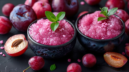 Two bowls of fresh plum jam surrounded by ripe plums and plum halves on a dark surface, garnished with green basil leaves, with a sprinkle of sugar crystals on top.