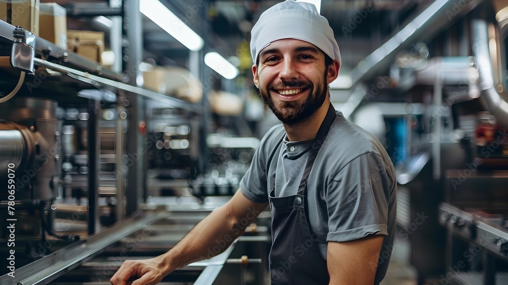 Poster hardworking employee happily operates efficient production line in modern factory