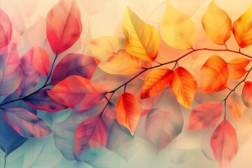 Delicate leaves and fine branches in a minimalist pattern, merged with a vibrant abstract color palette evoking autumn's charm