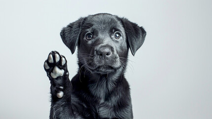 Close-up portrait of an adorable puppy raising one of its front paws isolated on white wall...