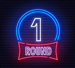 Round One neon sign on brick wall background.