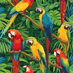 Naklejka premium Pattern of colorful macaws and parrots in a tropical jungle. seamless
