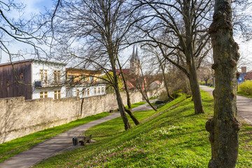 Surrounding city wall at the park in Muhlhausen, Germany - obrazy, fototapety, plakaty