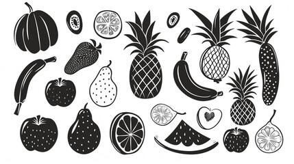 Tropical fruits  set black on white background, flat illustration style, Generative AI
