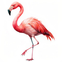 A  colored flamingo stands gracefully with one leg lifted amidst a splash of watercolor effects