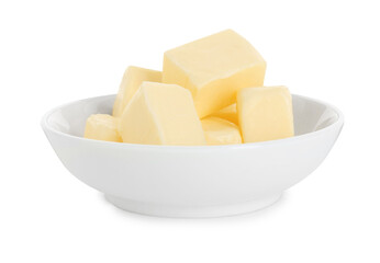 Tasty butter cubes in bowl isolated on white