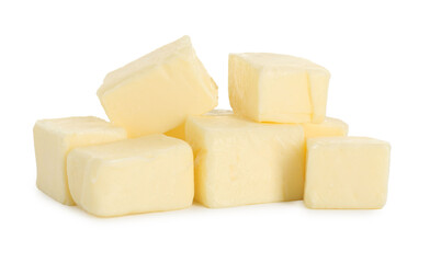 Pile of tasty butter cubes isolated on white