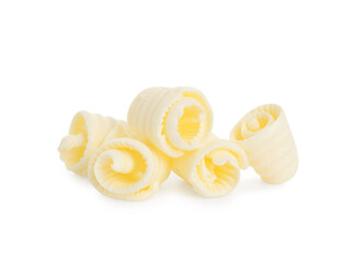 Pile of tasty butter curls isolated on white