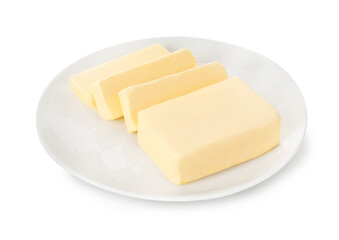 Plate with tasty cut butter isolated on white