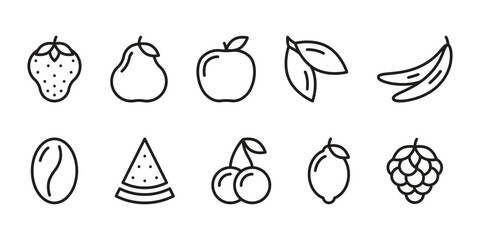 Set of linear fruit icons, strawberry, pear, apple, watermelon, cherry, lemon, etc.