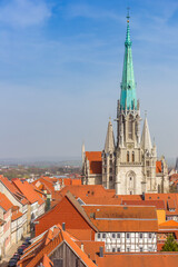Aerial view of the historic Marienkirche church in Muhlhausen, Germany