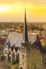 Sunset over the historic St. Petri church in Muhlhausen, Germany