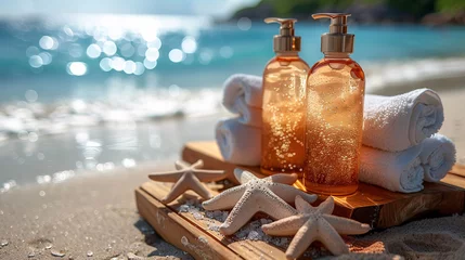 Foto op Plexiglas Spa essentials with starfish and towels on a wooden tray at a serene beach, with golden sunlight reflecting off the sea in the background. © amixstudio