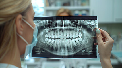 Dentist examining dental xay.