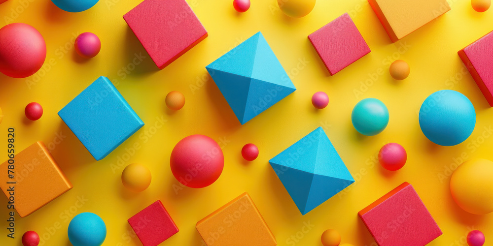 Poster vibrant and colorful 3d objects arranged on a bright yellow background for a visually striking compo