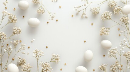 A minimalistic arrangement of golden eggs and delicate flowers, poised and elegant, AI Generative.