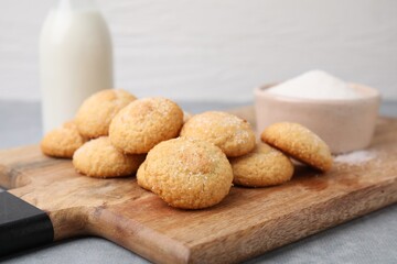 Tasty fresh sugar cookies on grey table, closeup