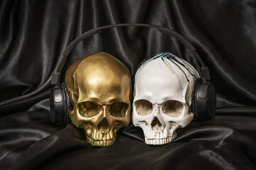 Two brain friends sharing their favorite music with black over-ear headphones - obrazy, fototapety, plakaty