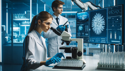 Two scientists, one male and one female, working in a high-tech laboratory. The female scientist is in the foreground - obrazy, fototapety, plakaty