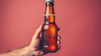 Close-up of a person's hand holding a cold, condensation-covered beer bottle against a solid red background, with space for text. - obrazy, fototapety, plakaty