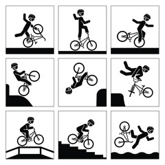 Pictograms represent performing acrobatics with bicycle. Icons of extreme adrenaline sport.