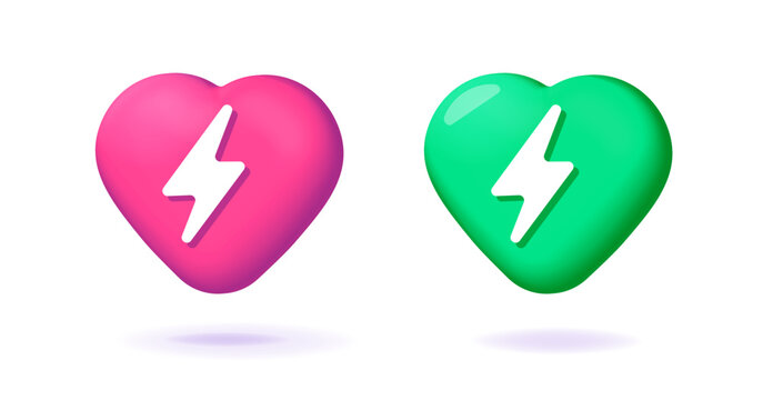 Electric heart with lightning thunderbolt 3d icon vector graphic, super power cardio energy charge symbol illustration, artificial cardiac hi efficiency medical tech sign green red set image clipart