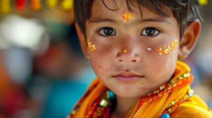 Enigmatic Asian Child Adorned in Traditional Festival Colors Blending Past and Present - obrazy, fototapety, plakaty