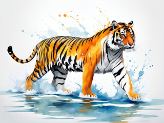  Mighty   Northeast tiger Mighty Northeast tiger running by the water, jumping, tiger illustrations, picture books, POD images