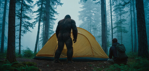 Bigfoot in a forest in the wilderness sneaks around a tent, returning from hiking a man spots bigfoot and crouches down for cover