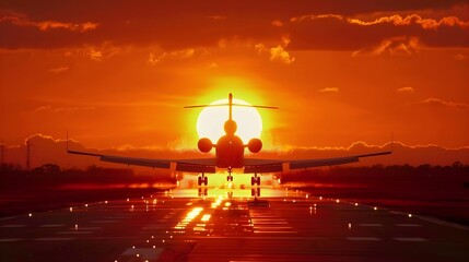 Silhouetted Aircraft Ascending Towards Fiery Sunset Horizon