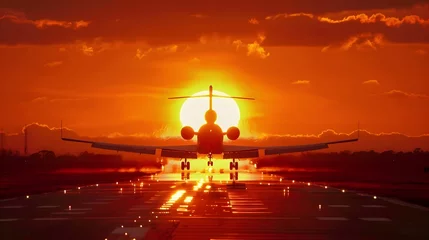 Crédence de cuisine en verre imprimé Rouge 2 Silhouetted Aircraft Ascending Towards Fiery Sunset Horizon