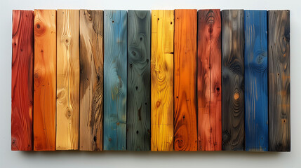 Colorful wooden planks arranged horizontally with varying hues of red, orange, blue, and natural wood tones, creating a vibrant and textured background.