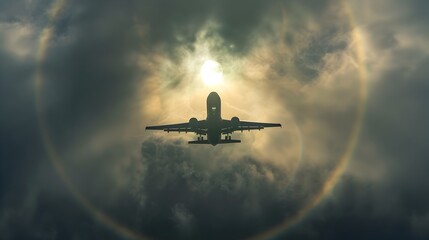 Dramatic Jet Plane Piercing Through Misty Clouds with Halo of Sunlight