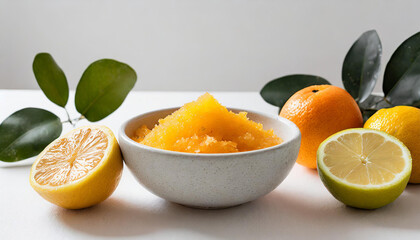 Close-up of citrus body scrub in ceramic bowl on table. Homemade natural cosmetics.