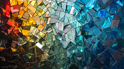 Vibrant shattered glass mosaic with rainbow reflections, ideal for backgrounds and textures. - obrazy, fototapety, plakaty