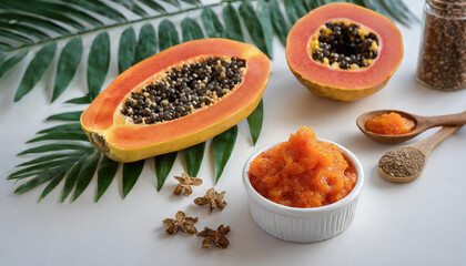 Papaya body scrub in ceramic bowl on table. Homemade natural cosmetics. Organic product.